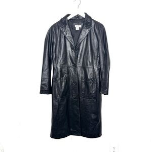 Vintage Tyler Boe Leather Maxi Trench Y2K Floral Embroidery Black Coat